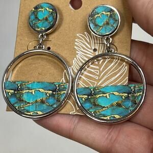 Silver tone with printed turquoise pattern embellishment dangling earrings